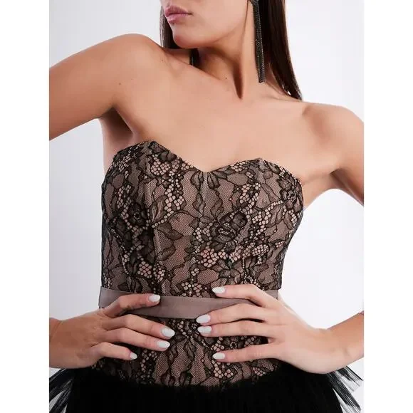 BCBGMAXAZRIA Strapless Floral Lace & Tulle Ruffle Black Maxi Evening Gown  Size 0